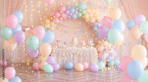 Pastel balloons and colorful party decorations for kids birthday celebration background
