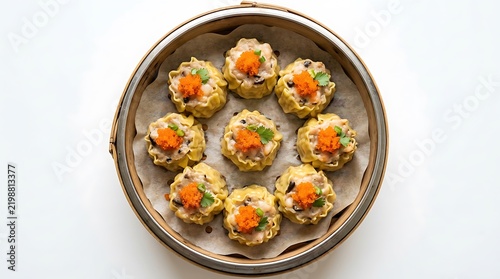 Fresh delicious steamed shumai dumplings arranged nicely inside a traditional bamboo steamer basket ready to eat