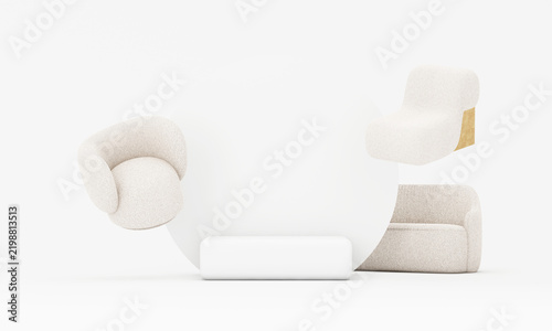 Minimal 3D furniture composition with white and cream textured chairs placed around a clean podium, creating a soft neutral interior scene for product display and modern decor themes.