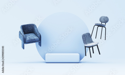 Elegant 3D furniture scene with blue upholstered chairs and a simple podium on a pastel blue background, perfect for modern interior design, product showcase, and decor concepts.