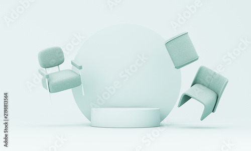 Minimal 3D furniture arrangement with mint green chairs surrounding a round podium on a soft pastel background, suitable for interior styling, product presentation, and design mockups.
