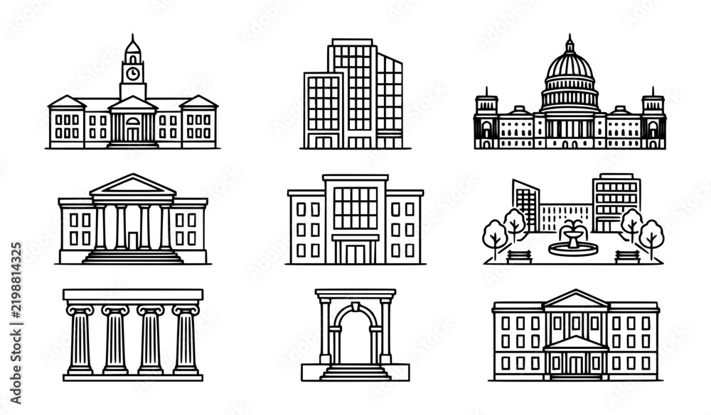 Obraz premium Government Building Editable Thin Line Icon Vector Set