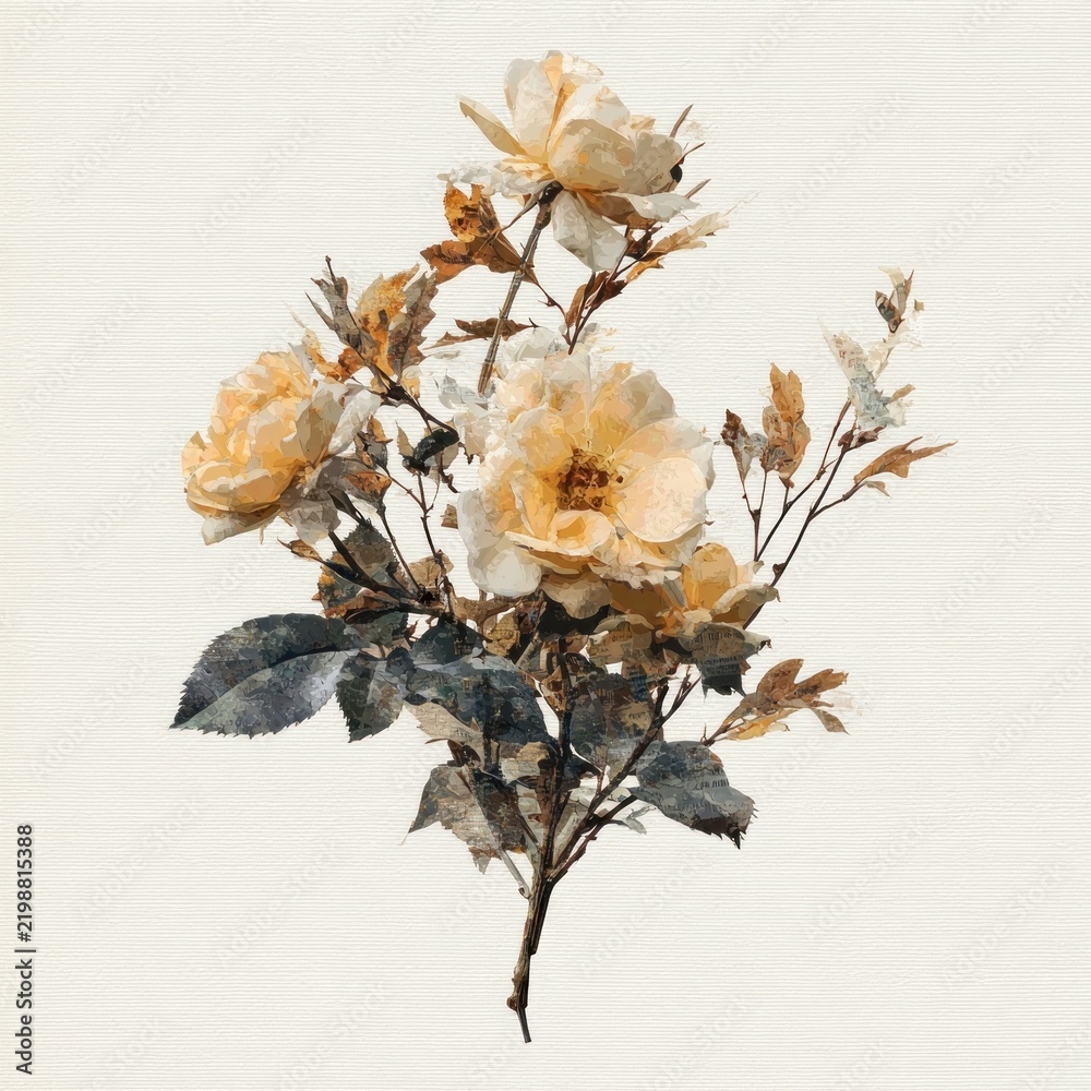 Obraz premium Watercolor bouquet of beige roses with delicate botanical leaves