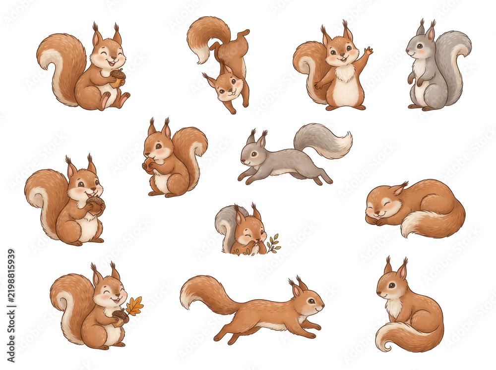 Obraz premium Cute Squirrels in Various Poses: A charming collection of illustrations featuring adorable squirrels engaged in a multitude of playful activities.