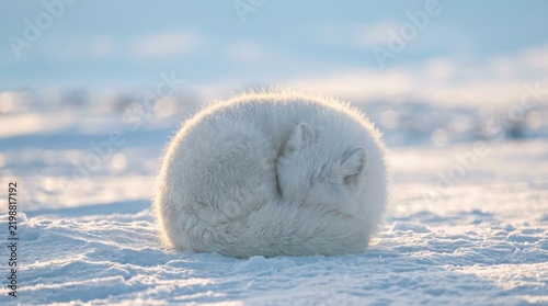 Cute arctic fox curled up sleeping in the snow during winter season