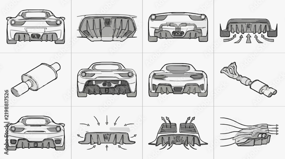 Obraz premium Car Engine and Body Component Assembly Line Drawing Guide