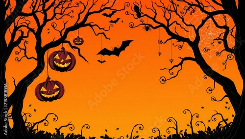 Spooky halloween background with black trees pumpkins and flying bats in an orange night sky