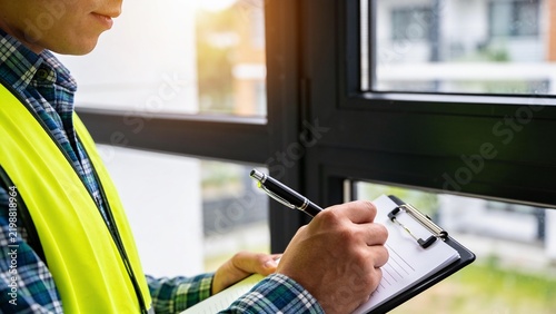 Close-up of professional writing on clipboard during property inspection