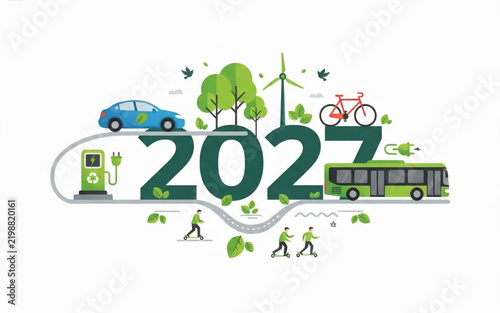 Eco-friendly transportation concept for 2027 with electric vehicles, bicycles, and green energy