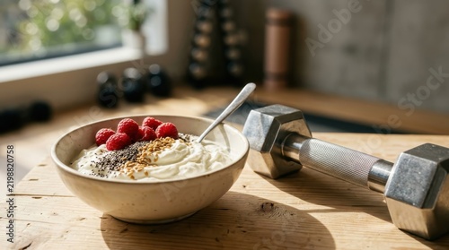 Healthy breakfast yogurt bowl with fresh raspberries and dumbbell