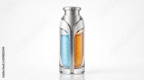 Title: Futuristic facial serum dispenser with metallic cosmetic packaging isolated on white background representing advanced skincare technology, luxury beauty, and innovative personal care