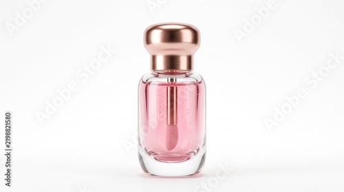 Title: Transparent glass lip oil bottle with pink cosmetic liquid isolated on white background representing moisturizing lip care, beauty packaging, glossy makeup, and luxury cosmetics