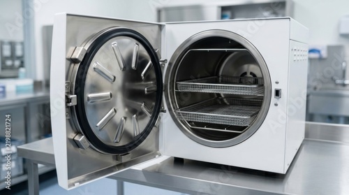 Medical autoclave sterilizer machine open in laboratory environment
