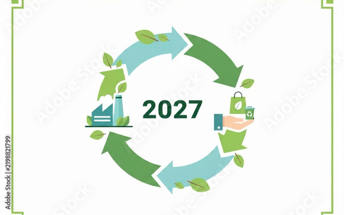 Circular economy concept for year 2027 with recycling arrow loop, green factory, and sustainable consumption vector illustration