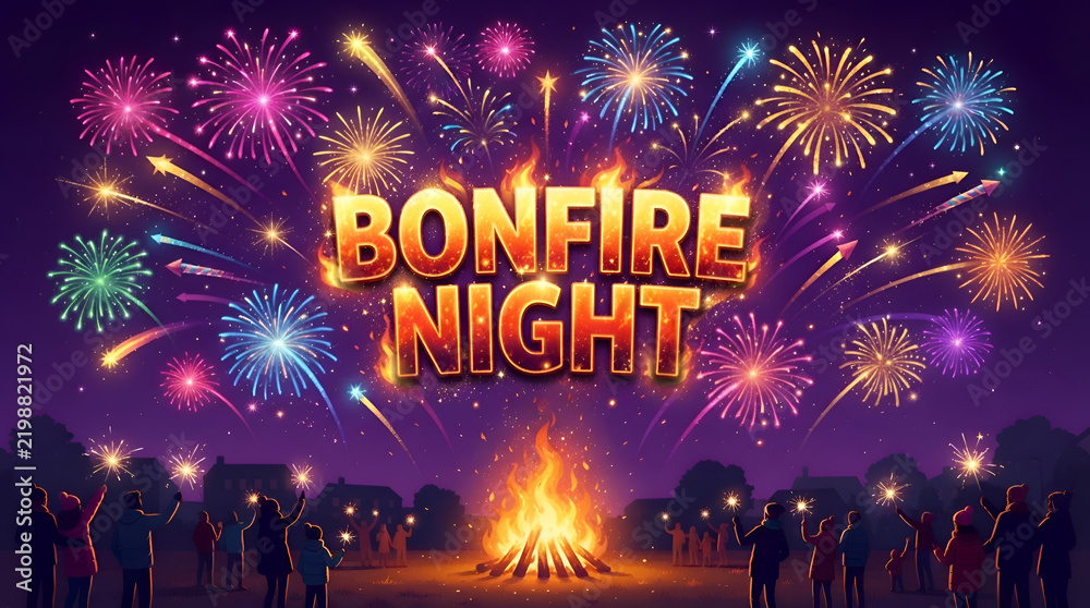 Fototapeta premium Bonfire night logo with text BONFICE NIGHT and fireworks