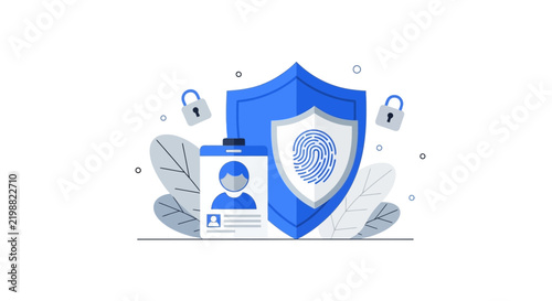 Cybersecurity illustration with biometric fingerprint shield and identity card for data protection and privacy concepts.