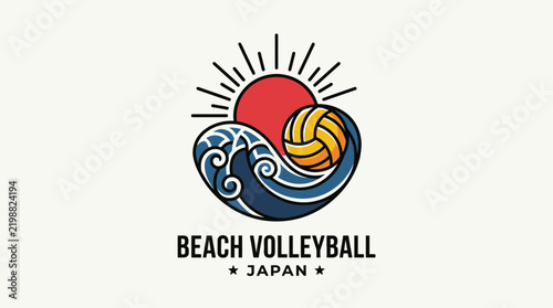Minimalist beach volleyball Japan logo featuring a red rising sun, stylized blue ocean waves in Ukiyo-e art style, and a yellow volleyball with text on a textured off-white background.