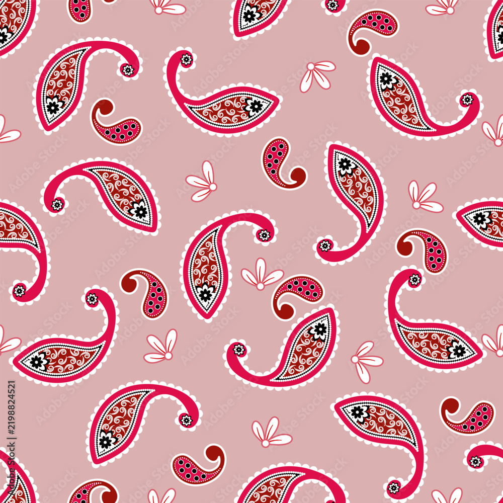 Fototapeta premium Elegant paisley seamless pattern featuring red ornamental motifs, floral details and white decorative accents on a dusty pink background, ideal for fabric, textile and wallpaper designs.