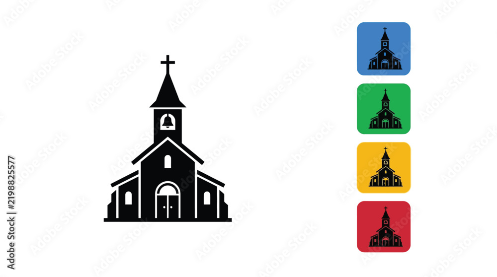 Obraz premium Black church building vector icon set featuring four vibrant colorful square buttons