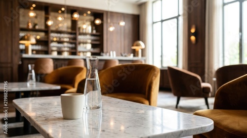 Modern hotel lounge interior with luxurious velvet armchairs marble tables and a stylish bar counter illuminated by warm ambient lighting