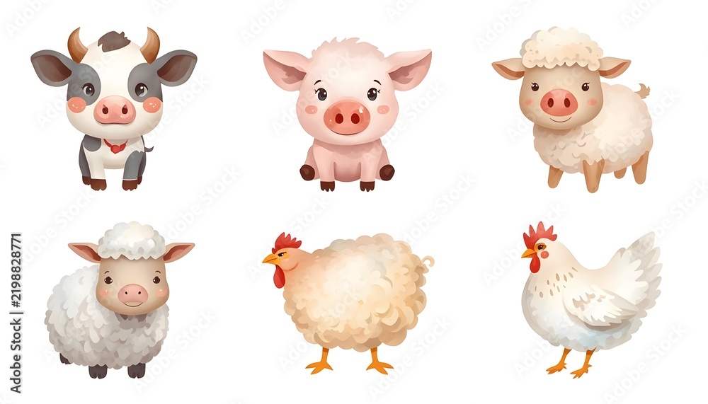 Fototapeta premium Cute watercolor farm animals illustration set, adorable cow pig sheep hen character elements isolated on white background.
