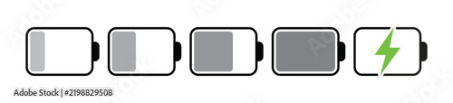 Black battery level indicator icons with concept power and green lightning bolt. horizontal battery level status. vector illustration.