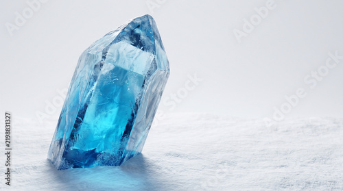 Blue ice crystal shard upright mineral formation on snow with glowing translucent texture and cold winter atmosphere