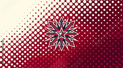 Halftone sport pattern with star emblem creates bold red, white, and blue graphic background with energetic radial motion and vintage style