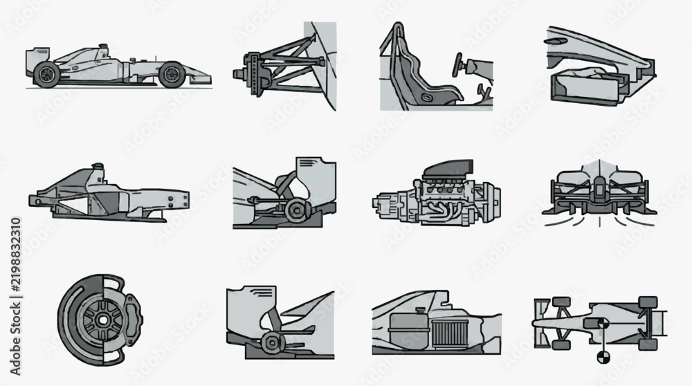 Obraz premium Detailed Line Art Exploded View of Formula Racing Car Components and Mechanics
