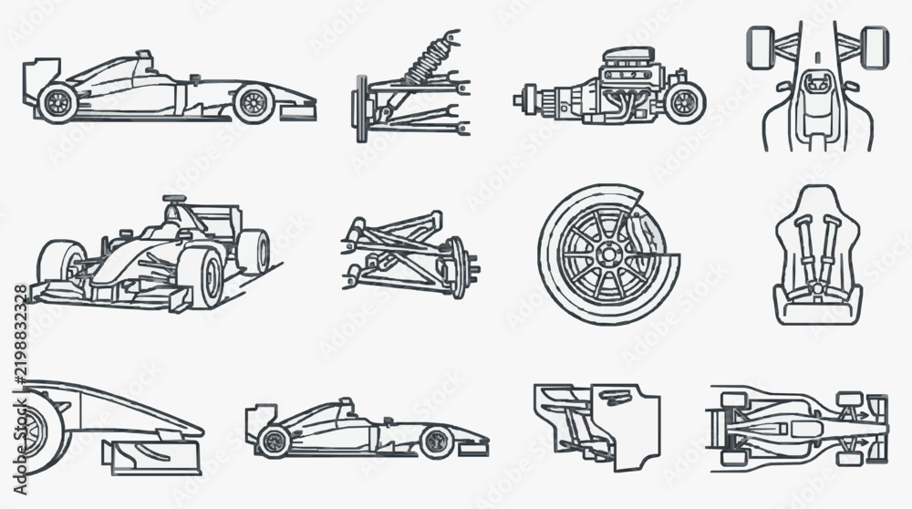 Obraz premium Detailed Line Art Exploded Views of Formula Racing Car Components and Mechanics