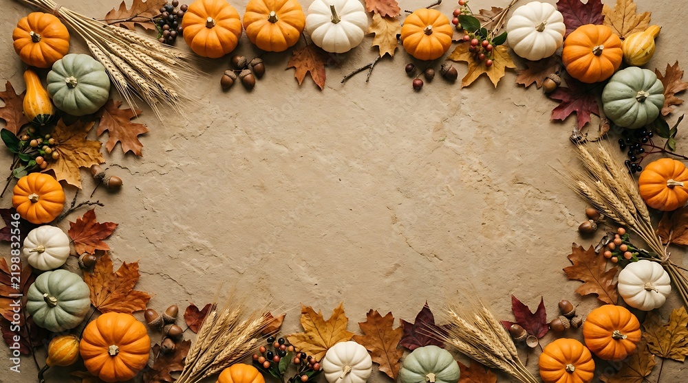 Fototapeta premium Autumn Harvest Arrangement With Pumpkins Cranberries Fall Leaves