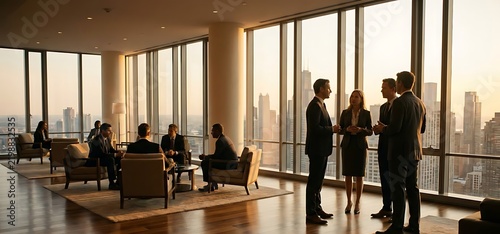 Business executives networking inside a luxury corporate boardroom overlooking a stunning city skyline during sunset
