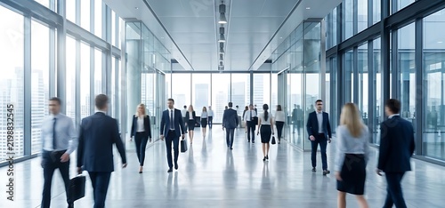 Business people walking in modern corporate office corridor