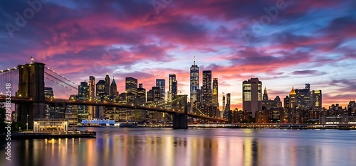 Stunning sunset view of the New York City skyline and Brooklyn Bridge illuminated at dusk across the East River waterfront