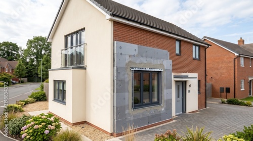 Energy Retrofit of a modern detached British home with external wall insulation panels being installed