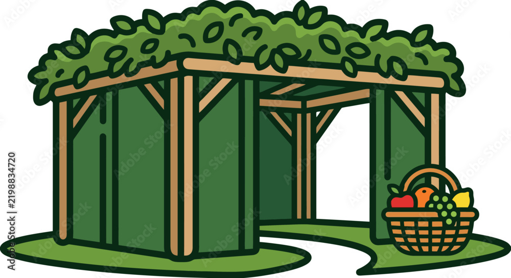 Obraz premium Wooden garden shelter covered in green foliage with a fruit basket