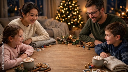 Family making popcorn garland for Christmas tree threading popcorn. Authentic candid moment of happy multi-generational family celebrating Christmas and winter holidays together at home. What doe