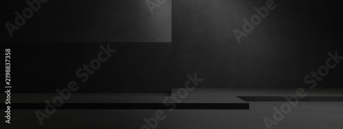 Dark 3D concrete studio background. Modern dark room backdrop