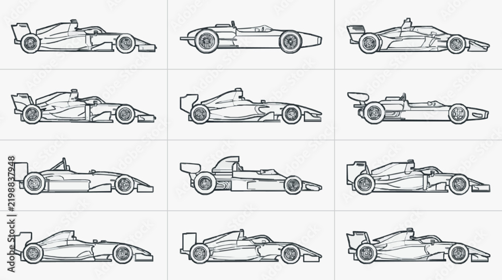 Obraz premium Side View Line Art Collection of Iconic Formula One Racing Cars