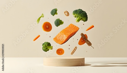 Flying fresh salmon fillet with broccoli and carrots floating over wooden podium product presentation.