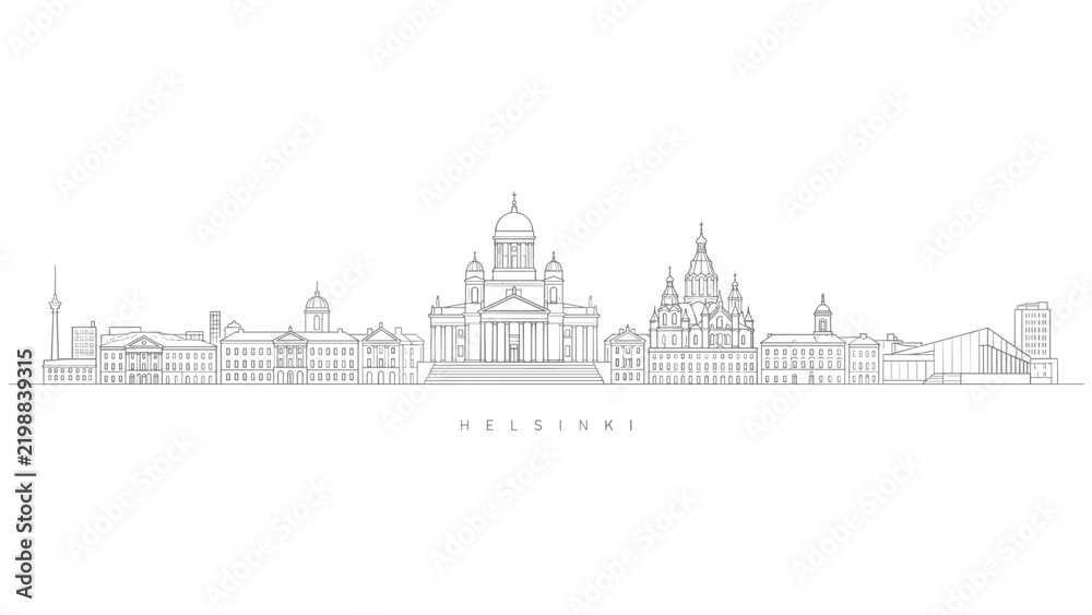 Obraz premium Helsinki Finland city skyline panorama outline vector illustration with historic landmarks