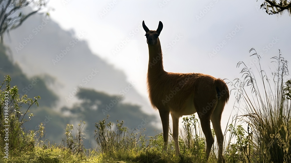 Fototapeta premium A solitary llama stands tall in a sunlit meadow with misty mountains in the background surrounded by tall grasses and trees
