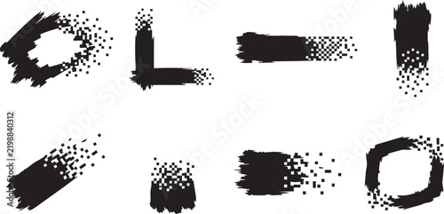 Bild auf Leinwand Assorted black brush strokes and circular frames with pixelated disintegration e