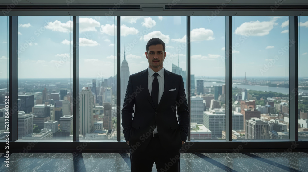 Fototapeta premium Successful businessman in suit overlooking city skyline with confidence and calm