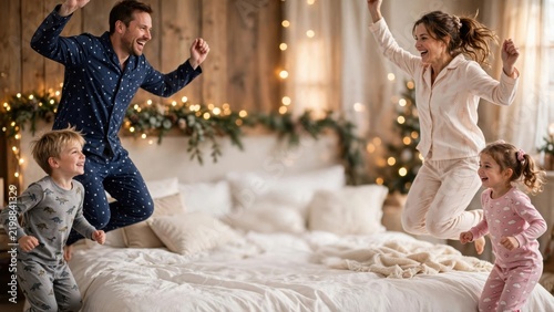 Family Christmas dance party in living room dancing fairy lights joyful. Authentic candid moment of happy multi-generational family celebrating Christmas and winter holidays together at home. Wha