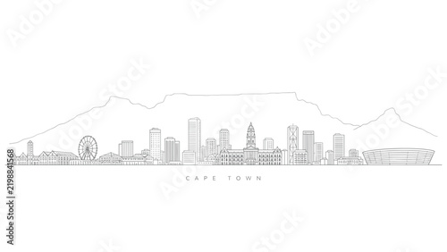 Cape Town skyline panorama with Table Mountain line art vector illustration