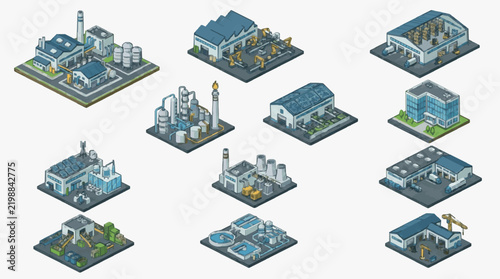 Isometric Industrial Facility and Manufacturing Plant Concept Illustrations