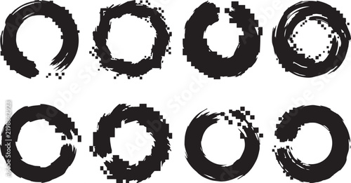 Fotografía Collection of eight black ink brush stroke circles with pixelated disintegration