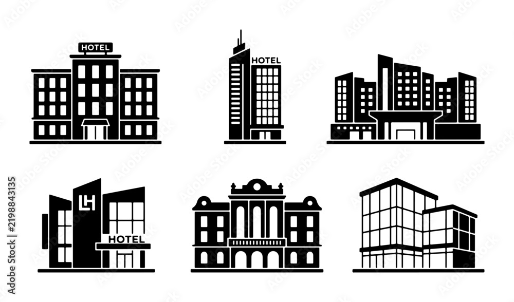 Fototapeta premium Hotel building icon set, modern architecture silhouettes, accommodation vector symbols