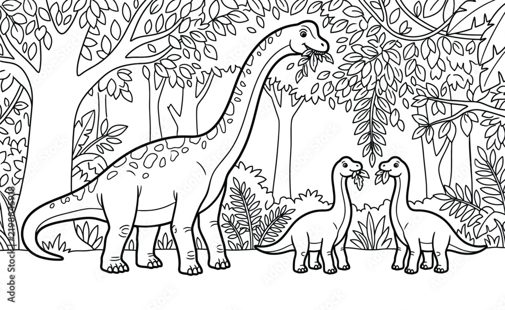 Fototapeta premium Dinosaur Father and Twins Eating Jungle Leaves Coloring Page, Brachiosaurus Family Tree Scene